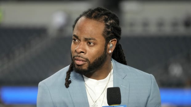 Aug 19, 2022; Inglewood, California, USA; Richard Sherman on the Amazon Prime Thursday Night Football set before the game between the Los Angeles Rams and the Houston Texans at SoFi Stadium. Mandatory Credit: Kirby Lee-USA TODAY Sports